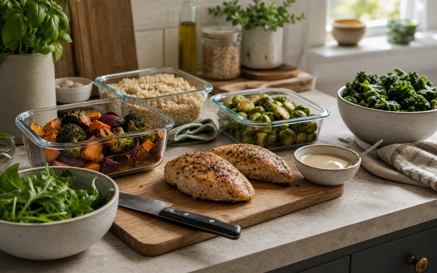 Realistiškai paruošti keli savaitės maisto komponentai stiklinėse dėžutėse ant virtuvės stalviršio