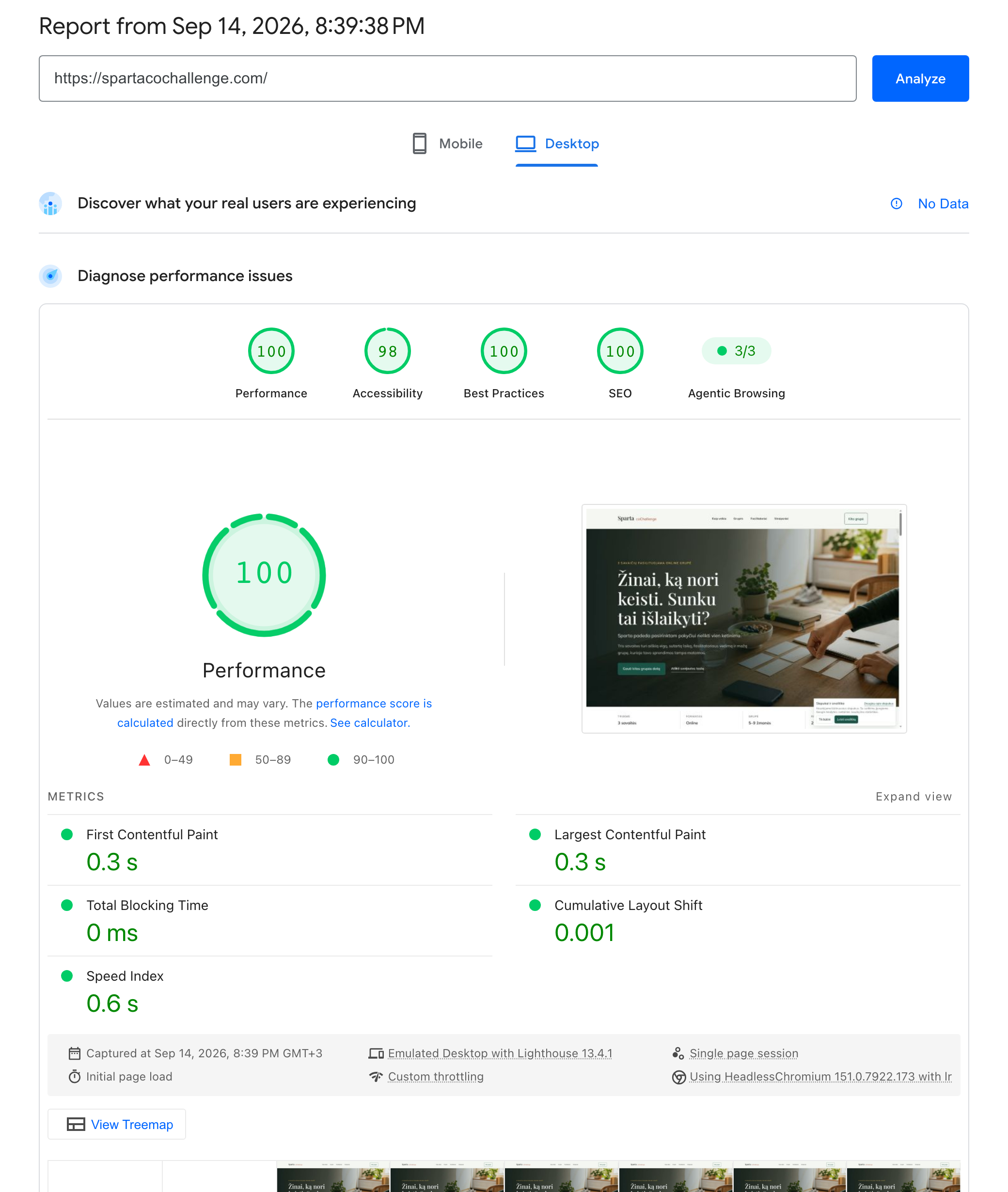 Sparta coChallenge svetainės Google PageSpeed Insights ataskaita kompiuteriui