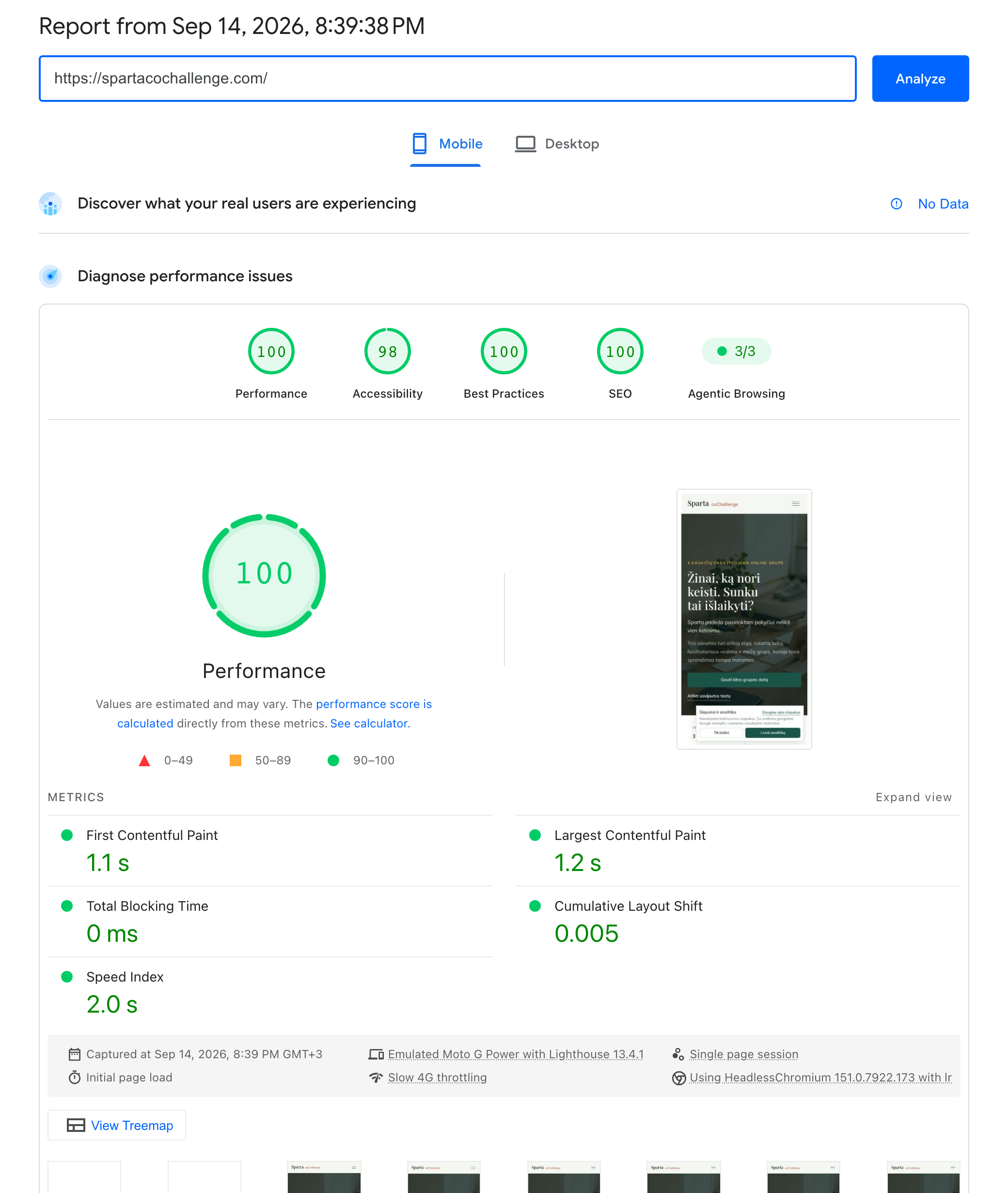 Sparta coChallenge svetainės Google PageSpeed Insights ataskaita telefonui